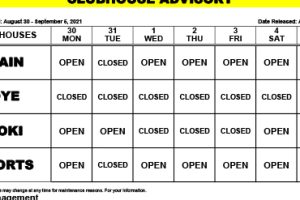 Clubhouse Advisory – August 30 – September 5, 2021