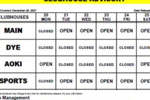 Clubhouse Advisory – December 20-26, 2021