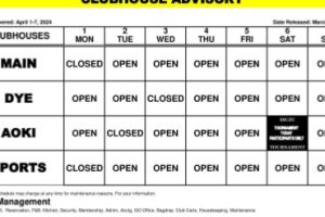 Clubhouse Advisory – April 1-28, 2024