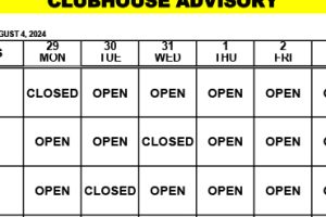 Clubhouse Advisory – August 19-25, 2024
