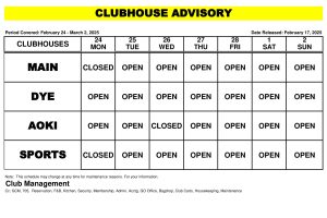 Clubhouse Advisory – February 24 – March 2, 2025